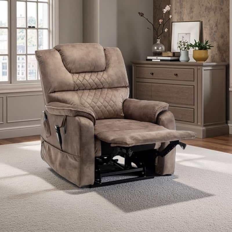 Oversized Electric Lift Recliner with OKIN Motor, Infinite Recline to 180°, Extra-Wide Seat, and Convenient Side Storage - beige brown