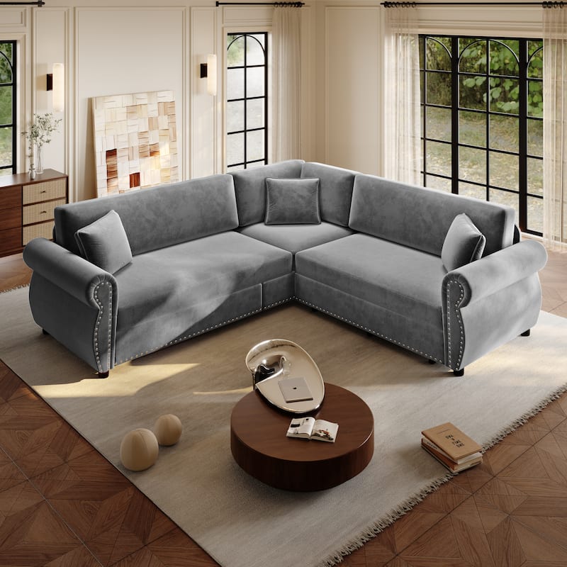 88.2" L-Shaped Sleeper Sectional Sofa with Pull-Out Bed - Chenille Convertible Couch, Nailhead Trim, for Living Room