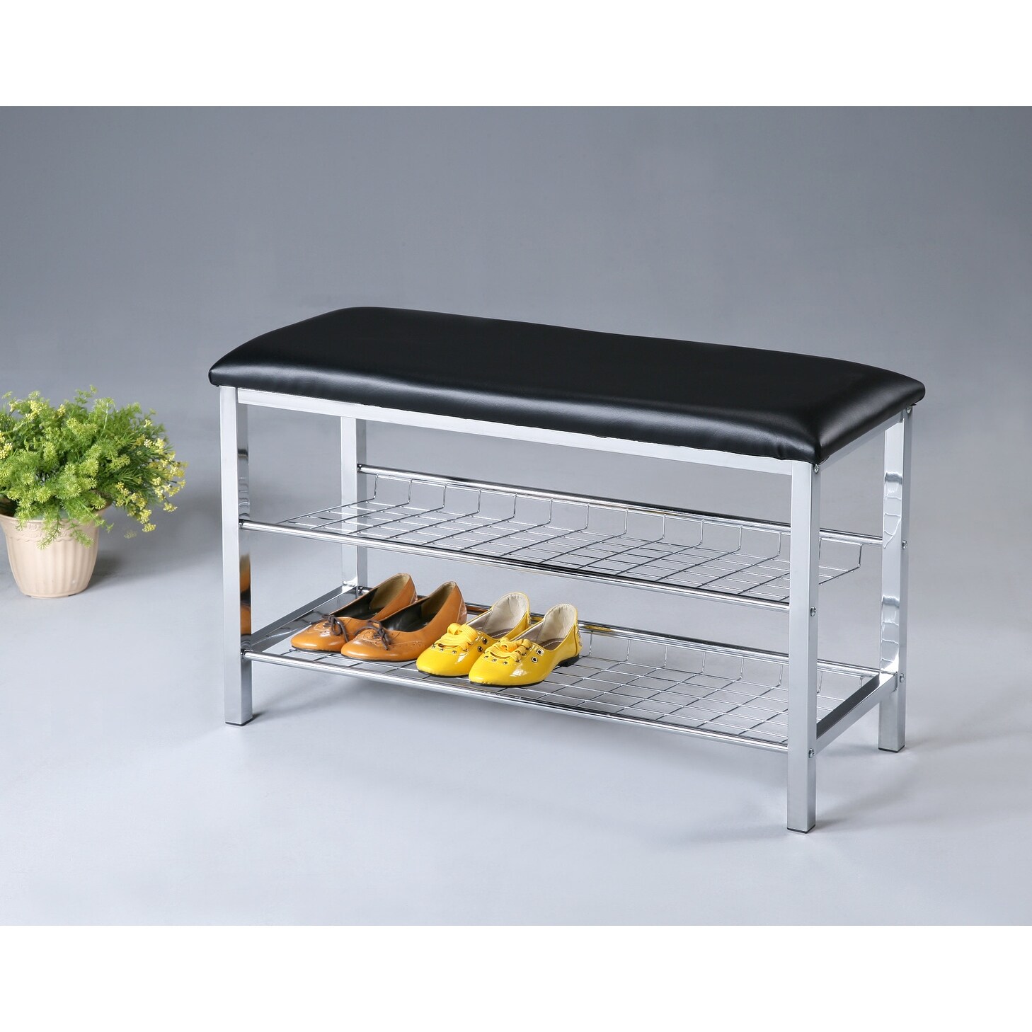 Roundhill Furniture Metal Shoe Bench with Faux Leather Seat Chrome and Black On Sale Bed Bath Beyond 10858611
