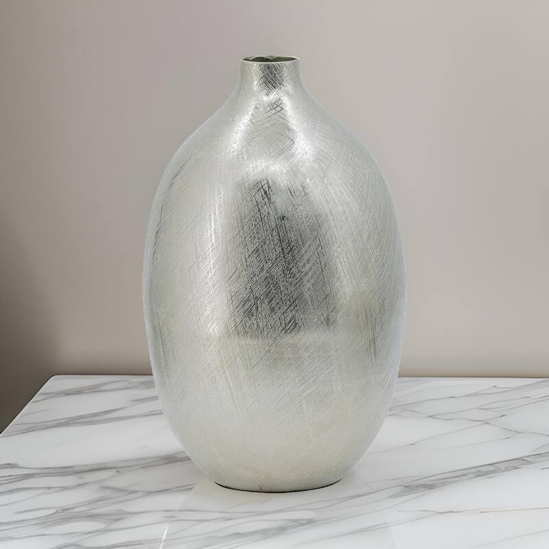 Pansy 14 Inch Modern Vase, Metal, Tall Curved Shape, Bottleneck Silver