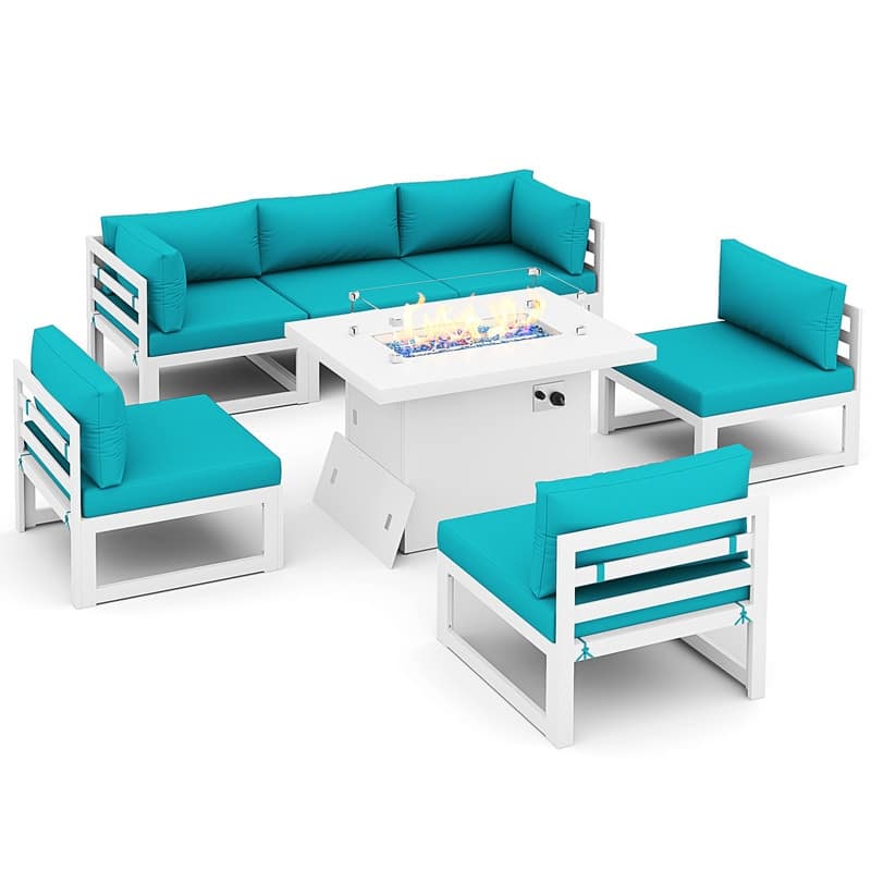 FINCATI 7 Piece Aluminum Outdoor Furniture Set with Propane/Natural Gas Fire Pit Table, 29" Wide Outdoor Sectional Sofa for 6