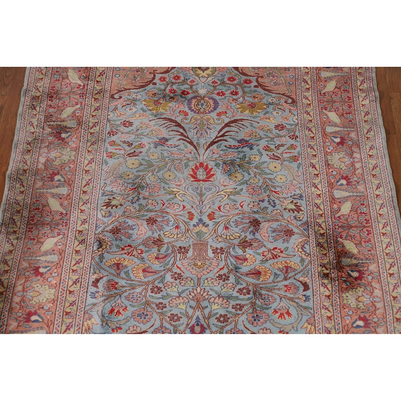 Hand Knotted Oriental Silk Carpet Traditional Floral Navy Blue & Blues Hereke Area Rug - 4' 10'' X 3' 3''