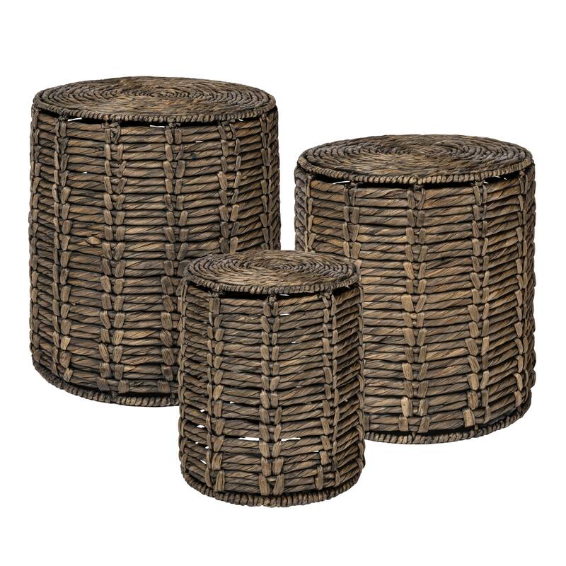 JONATHAN Y Zaria 18" Coastal Bohemian Handwoven Water Hyacinth Nesting Round Accent Table (Set 3) - Brown