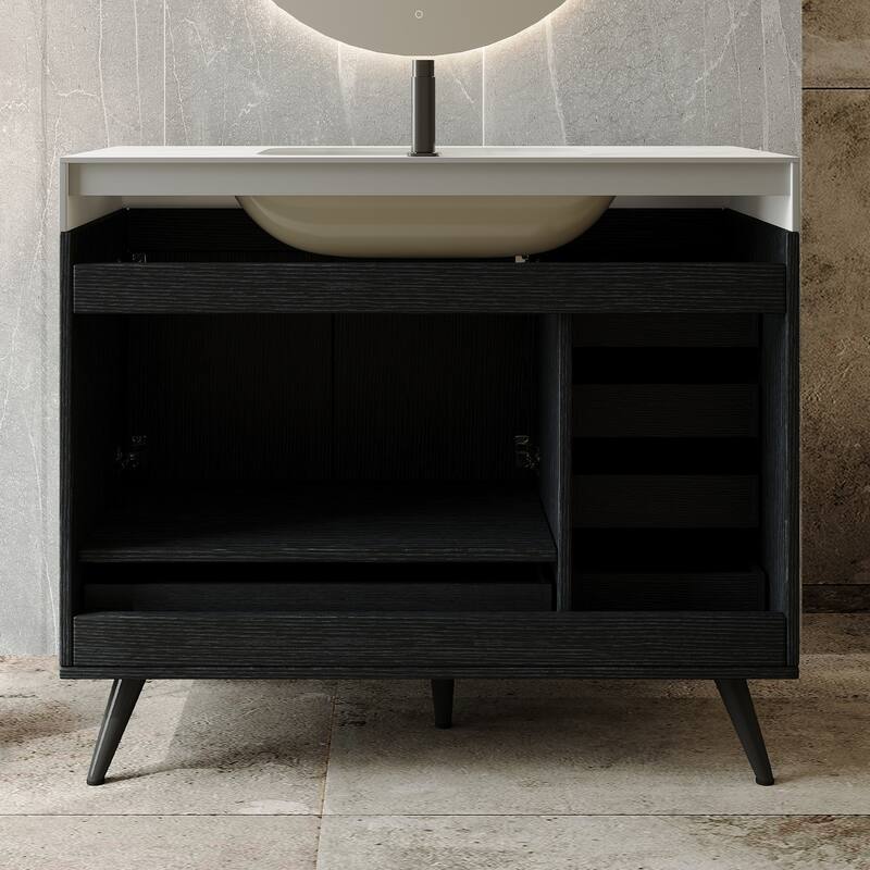 36" Bathroom Vanity with Faux Marble Top & Ceramic Sink, 5-Drawer Storage Cabinet with Stainless Steel Legs