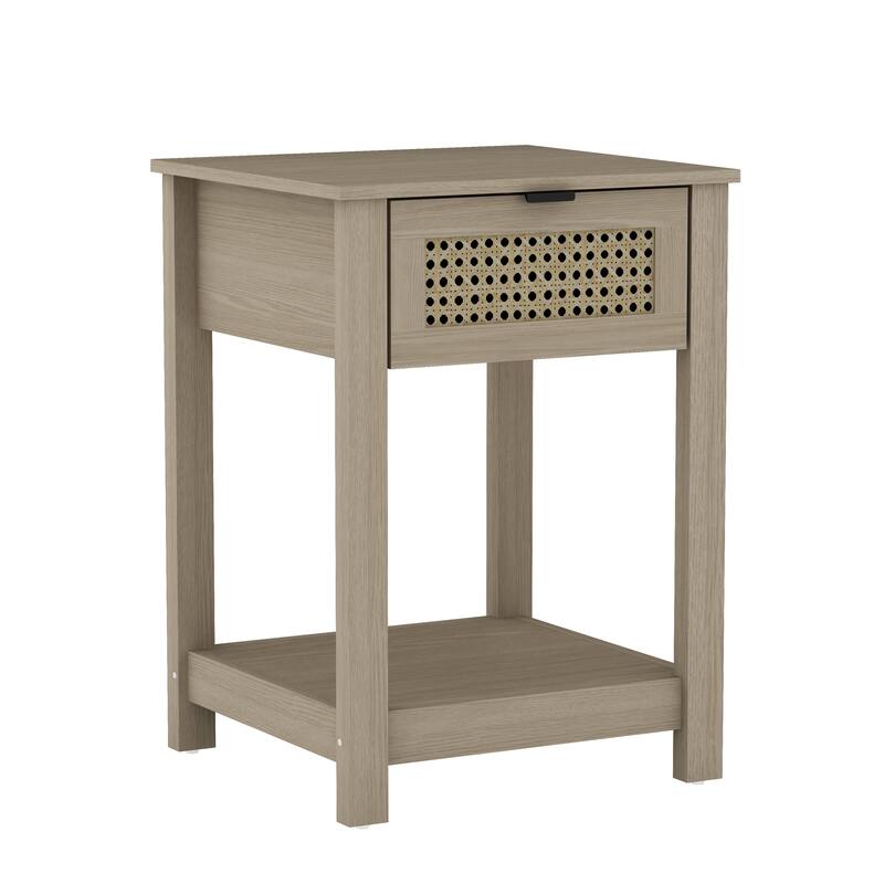 Idiana 1-Drawer Oak Nightstand Sidetable with Laminated Rattan (23.2 in. H x 16.5 in. W x 15.4 in. D)
