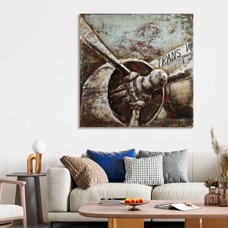 "Retro Airplane II" Mixed Media Iron Hand Painted 3D Wall Art