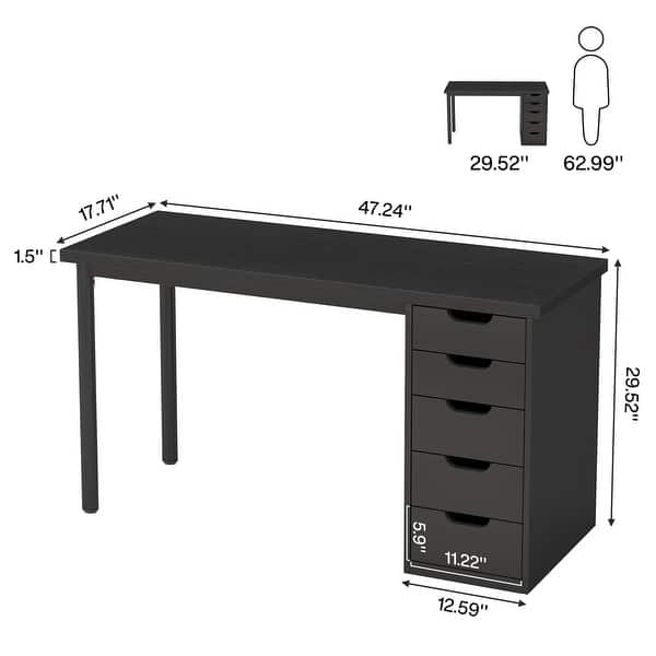 dimension image slide 0 of 4, 47-inch Computer Desk with 5-drawer, Wood and Metal Writing Desk for Study Living Room