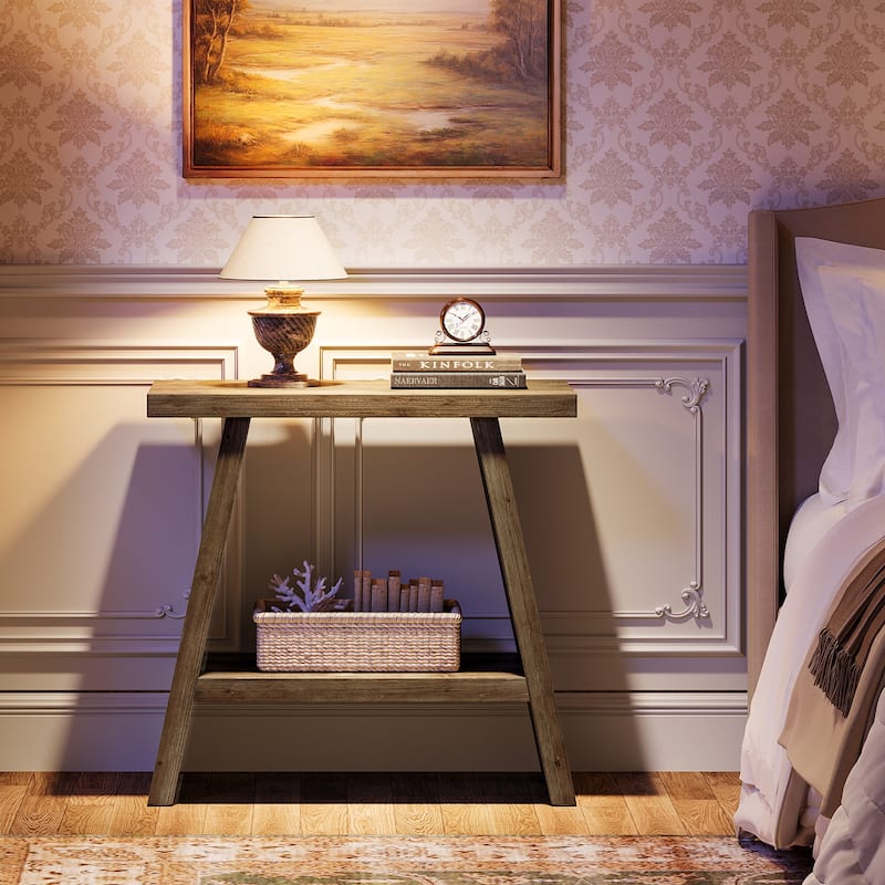 Solid Wood 2-tier Narrow Side End Table for Living Room - 11.81"D x 23.62"W x 23.62"H