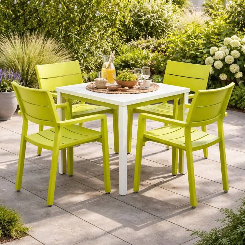 Meta 22 Inch 6 Piece Dining Chair Set, Green Aluminum Frame, Stackable