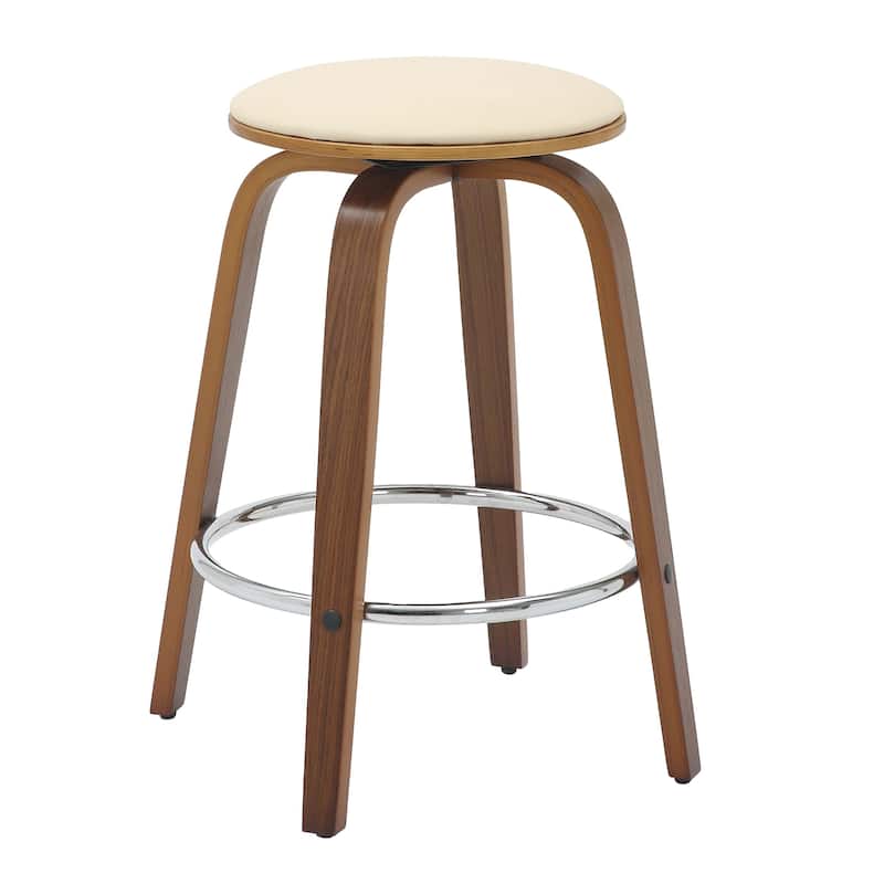 Leather Counter Stool Swivel Round Seat Poplar Wood Frame Iron Foot Rest