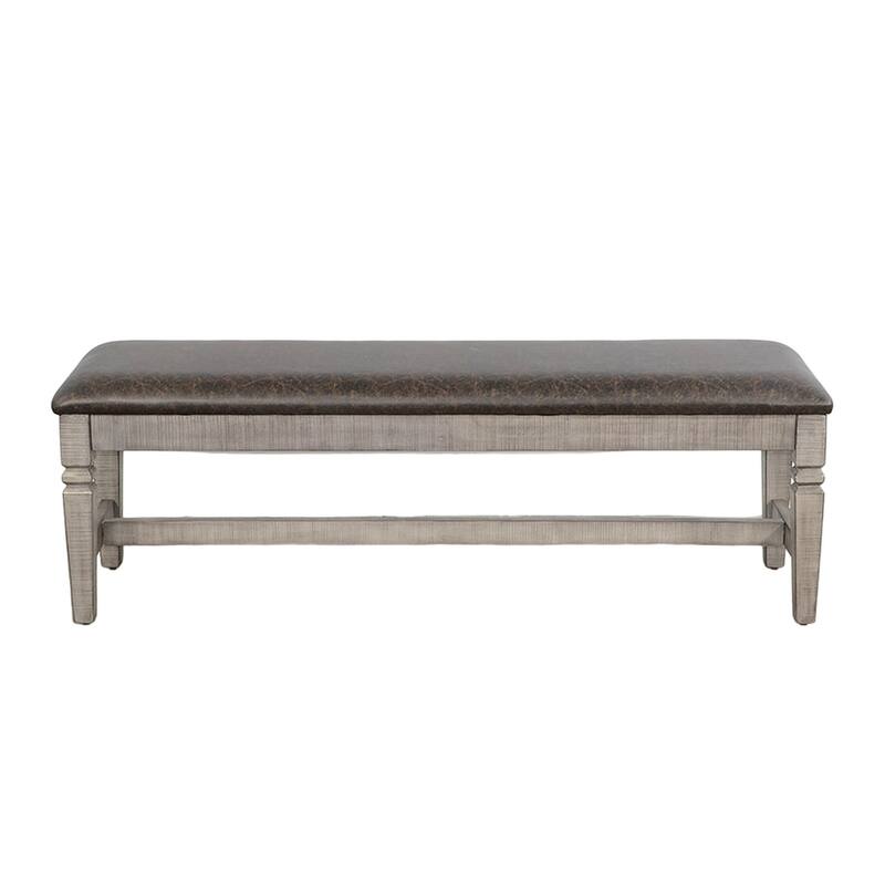 Camie Dining Bench, 56 Inch Faux Leather Seat, Gray Mahogany Wood