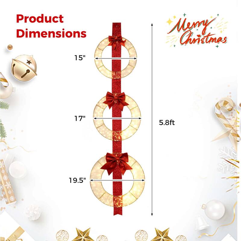Costway Set of 3 Pre-Lit Wreaths with 450 LED Lights Bows & Hanging - See Details