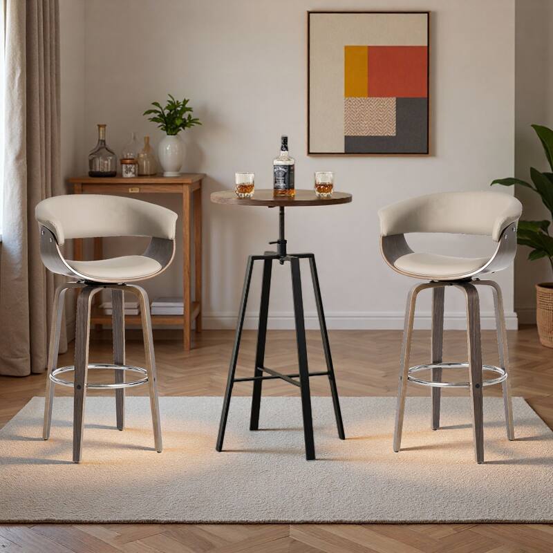 Glitzhome Modern 3-Piece Wooden Swivel Bar Stools & Height Adjustable Pub Table Set - Brown Table & Gray PU Chairs