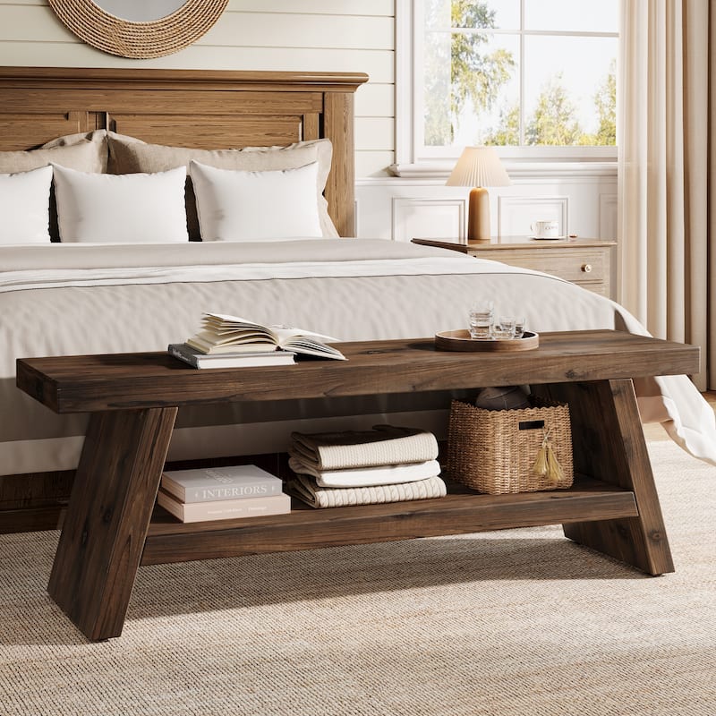 Solid Wood Entryway Bench, 2-Tier Shoe Bench with Open Shelves