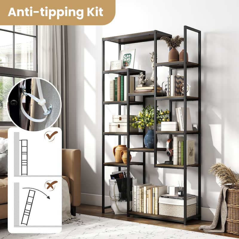 Gymax 2PCS Tall Bookshelf w/12 Open Shelves Anti-tip Kit for Living