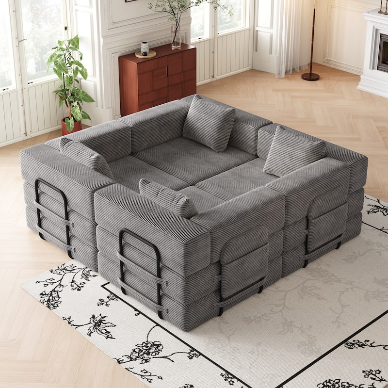 Corduroy Modular Sleeper Sofa Bed with Side Pockets and Anti-slip Pads - Grey