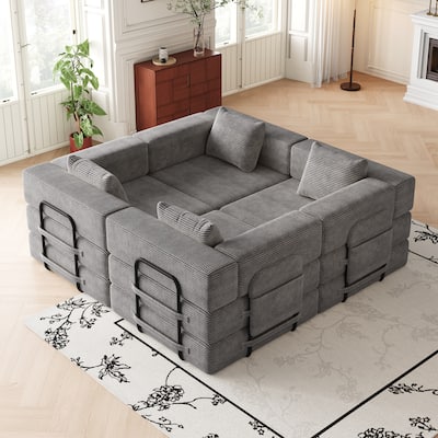 Corduroy Modular Sleeper Sofa Bed with Side Pockets and Anti-slip Pads