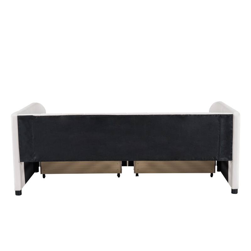 Twin Upholstered Daybed with 2 Drawers for Storage, Ergonomic Backrest, and Stripe Headboard, Perfect for Small Spaces