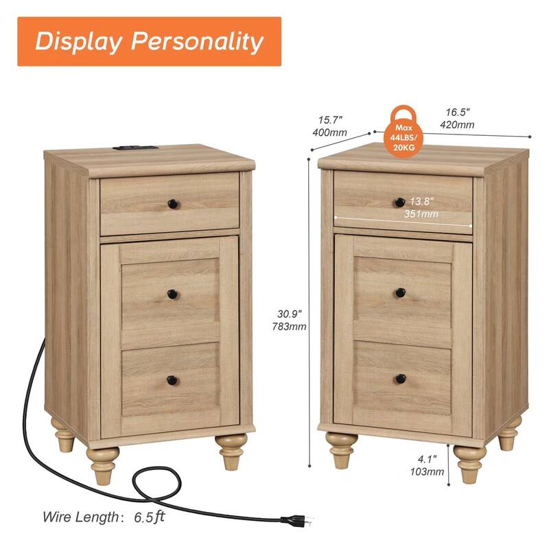 Set of 2 End Tables with Charging Station & Drawer Storage Cabinet