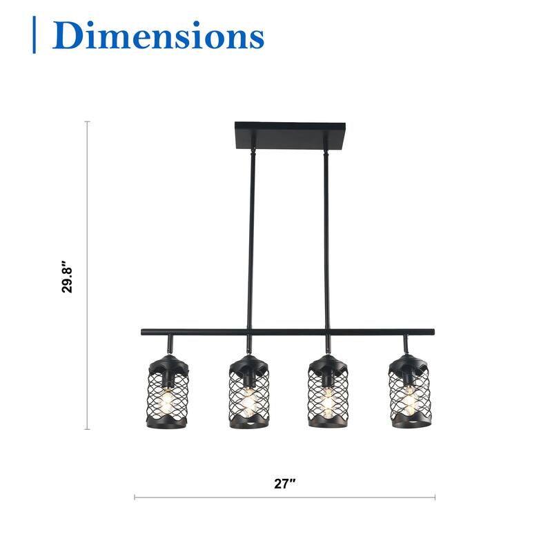CurveCurio 30" Matte Black Modern Industrial Light w 4 Adjustable Heads for Kitchen Island and Dining Area - 27" * 10" * 40"
