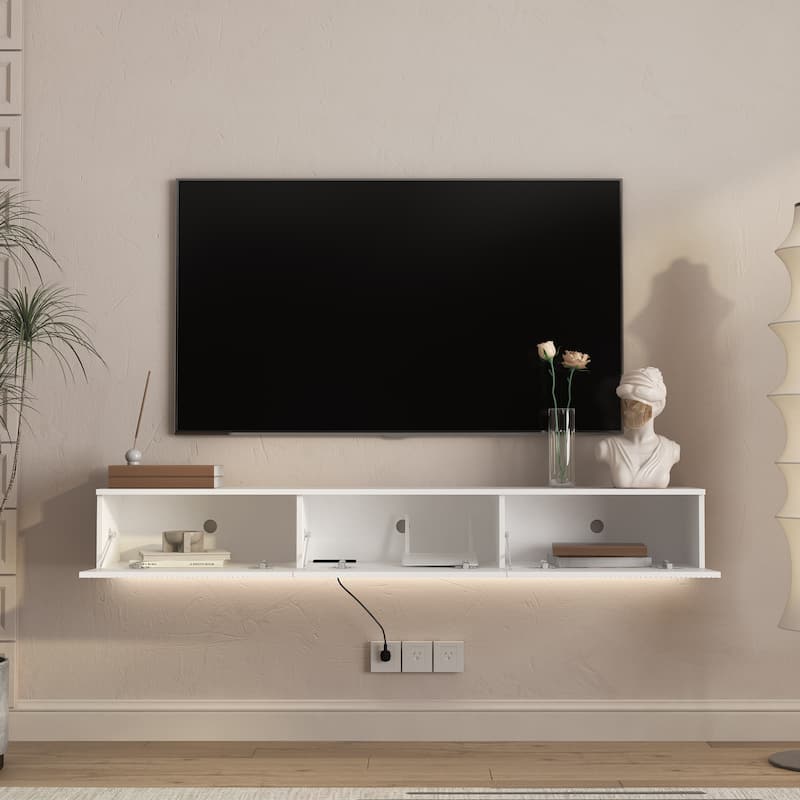 65" Floating TV Stand Wall Mounted with 16 Color LEDs, Modern Fluted TV Stand Entertainment Center for TVs Up to 65"
