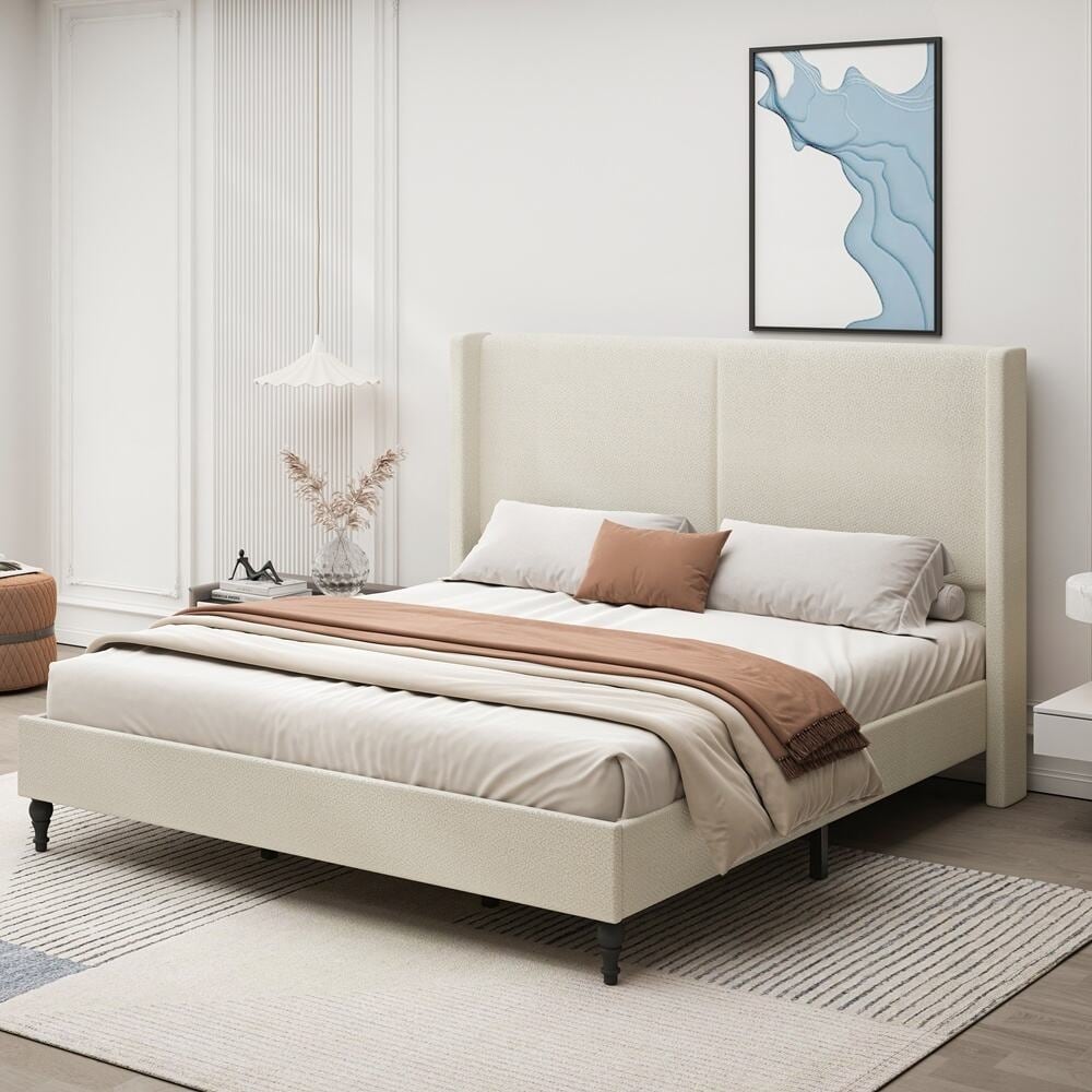 Boucle Fabric Bed Frame with High Back Upholstered Headboard