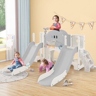 7 in 1 Toddler Slide Playset, Kids Climbers Playground with Double Slides, Arch Tunnel, Ring Toss and Basketball Hoop