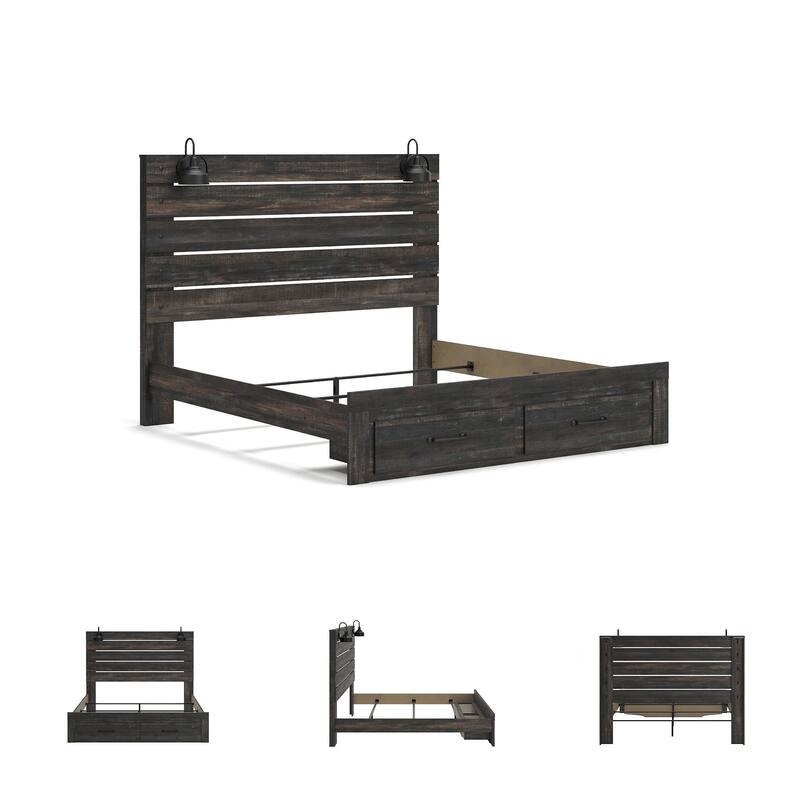 Drystan Rustic Brown Panel Bed with Footboard Storage Drawers