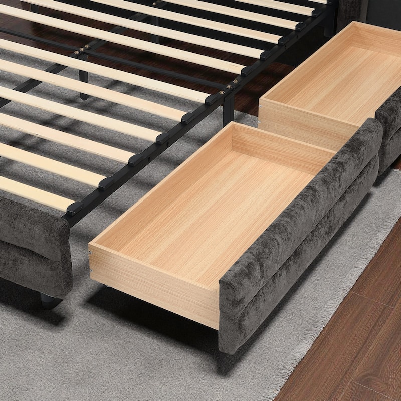 Queen Size Upholstered Bed Frame with Chenille Headboard and Underbed Storage Drawer, Solid Platform Design