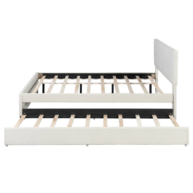 Queen Size Upholstered Platform Bed with Brick Pattern Headboard and Twin XL Size Trundle, Linen Fabric, Beige