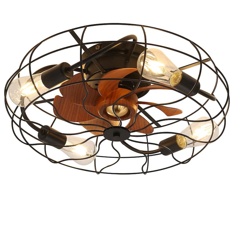 20 inch Flush Mount Ceiling Fan Light with Remote Caged Farmhouse Fandelier Black Wood Low Profile - Black