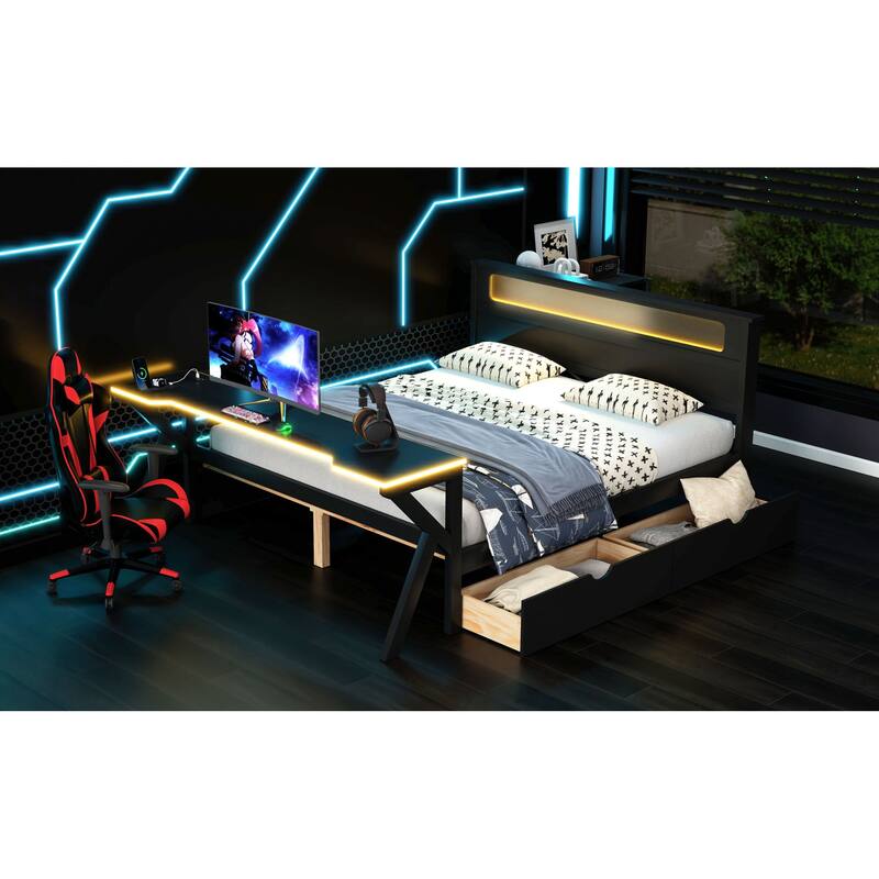 Roomfitters Twin/Full Wooden Gaming Platform Bed with LED Headboard, Desk and Drawers, Black