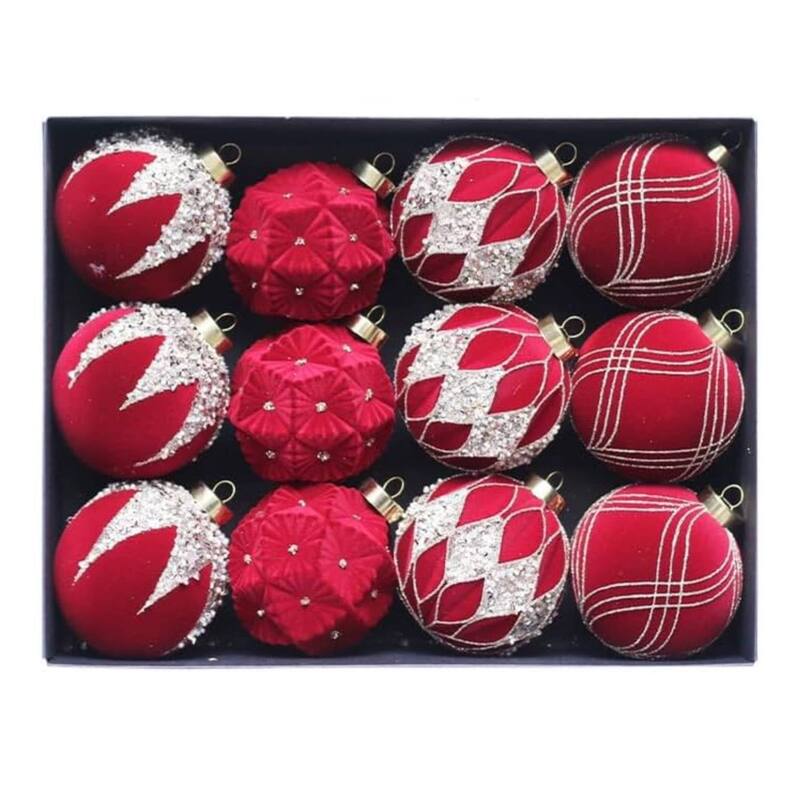 12PCS Mini Shatterproof Flocked Christmas Ball Ornaments for Holiday, Wedding - N/A - Red