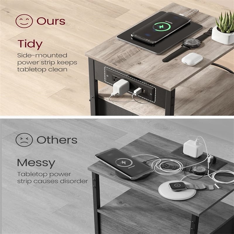 Nightstand with Charging Station Night Stand Side Table with 1 Drawer and 2 Open Shelves