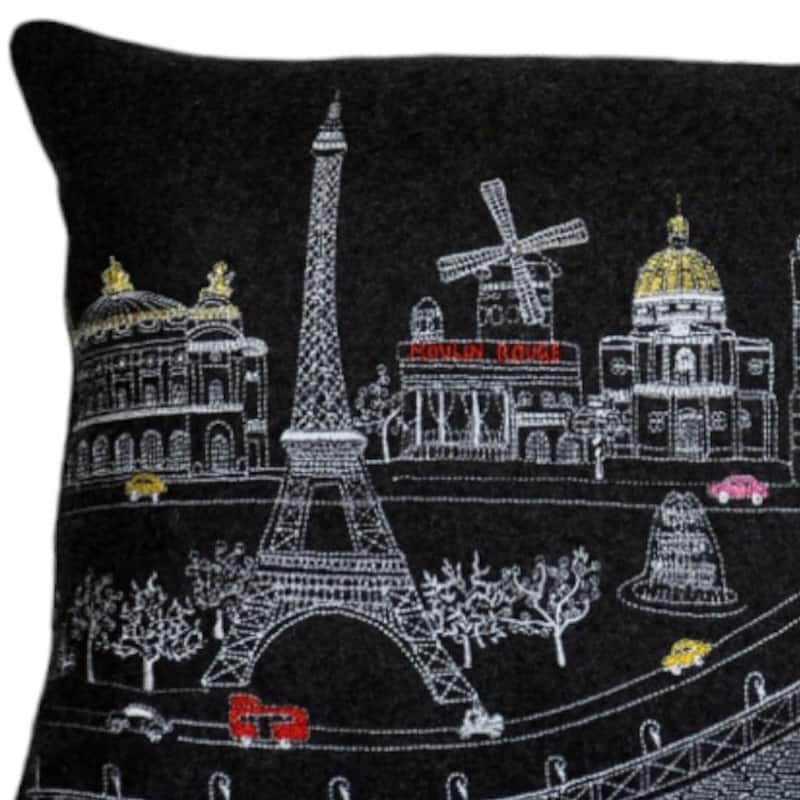 HomeRoots 25" Black Paris Nighttime Skyline Standard Lumbar Decorative Pillow