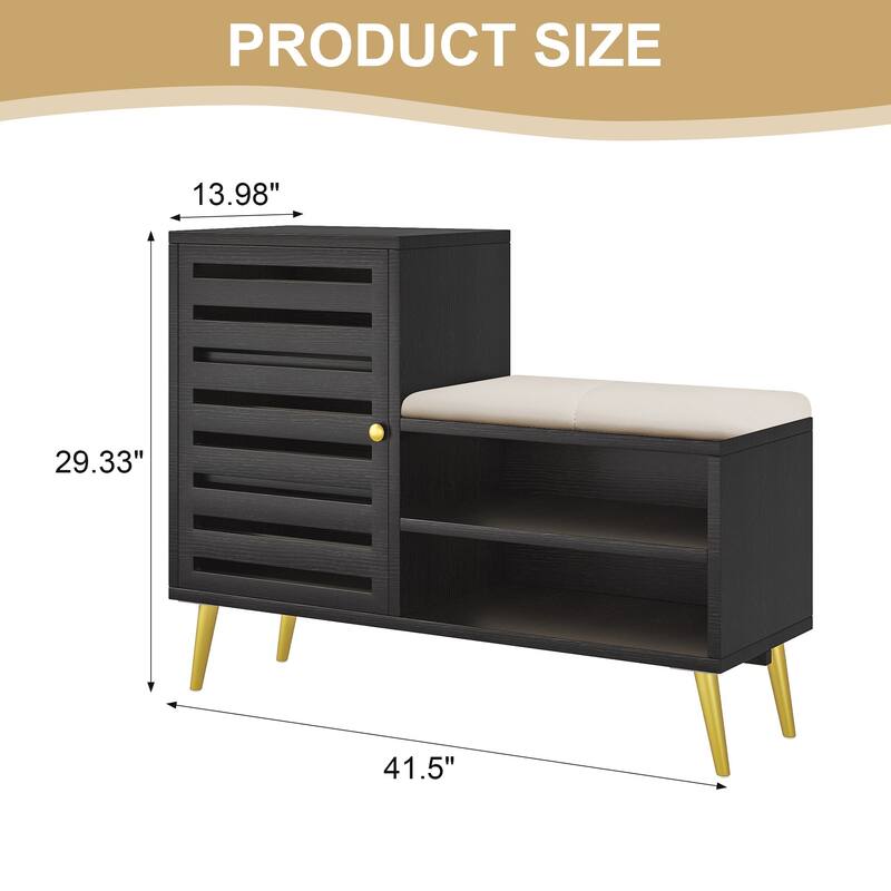 Javlergo L-Shaped Entryway Bench with Shoe Storage PU Cushion & Magnetic Shutter Door Hall Bench with Gold Legs for Living Room