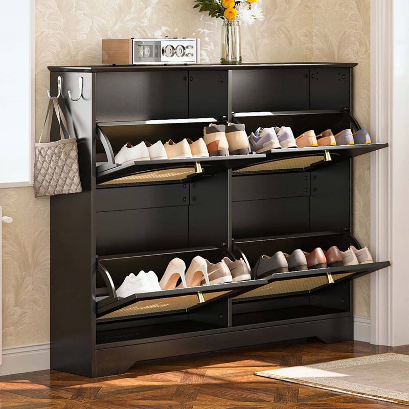 Exquisite and Elegant Tipping Bucket Shoe Cabinet with 4 Flip Drawers,Doors and 2 Hooks