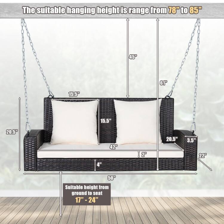 2-Person Wicker Hanging Porch Swing with 2 Back Cushions and 1 Seat Cushion - 50" x 22" x 20.5" (L x W x H)