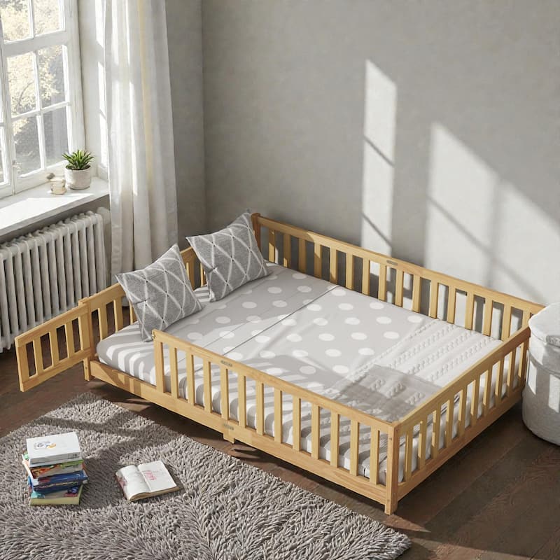 Floor Bed with Fence, Solid Rubber Wood Montessori Floor Bed with Safety Guardrails