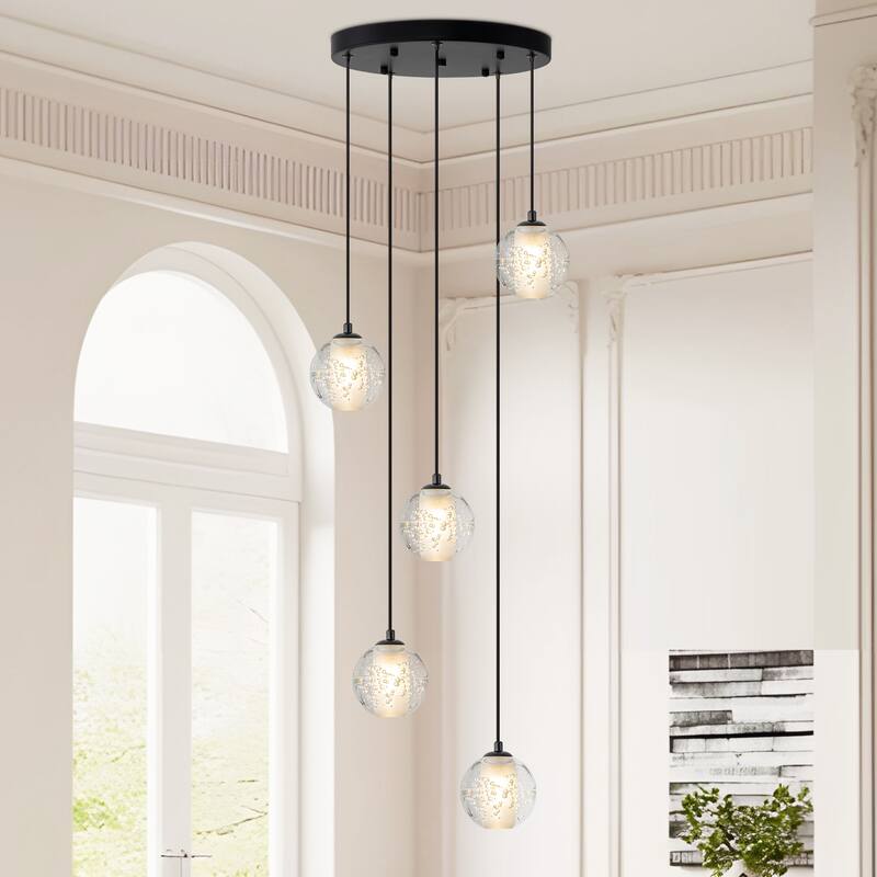 Starsky Modern 5-Light Cluster Globe Glass Chandelier Stair Entryway Cluster Light for High Ceiling - Black