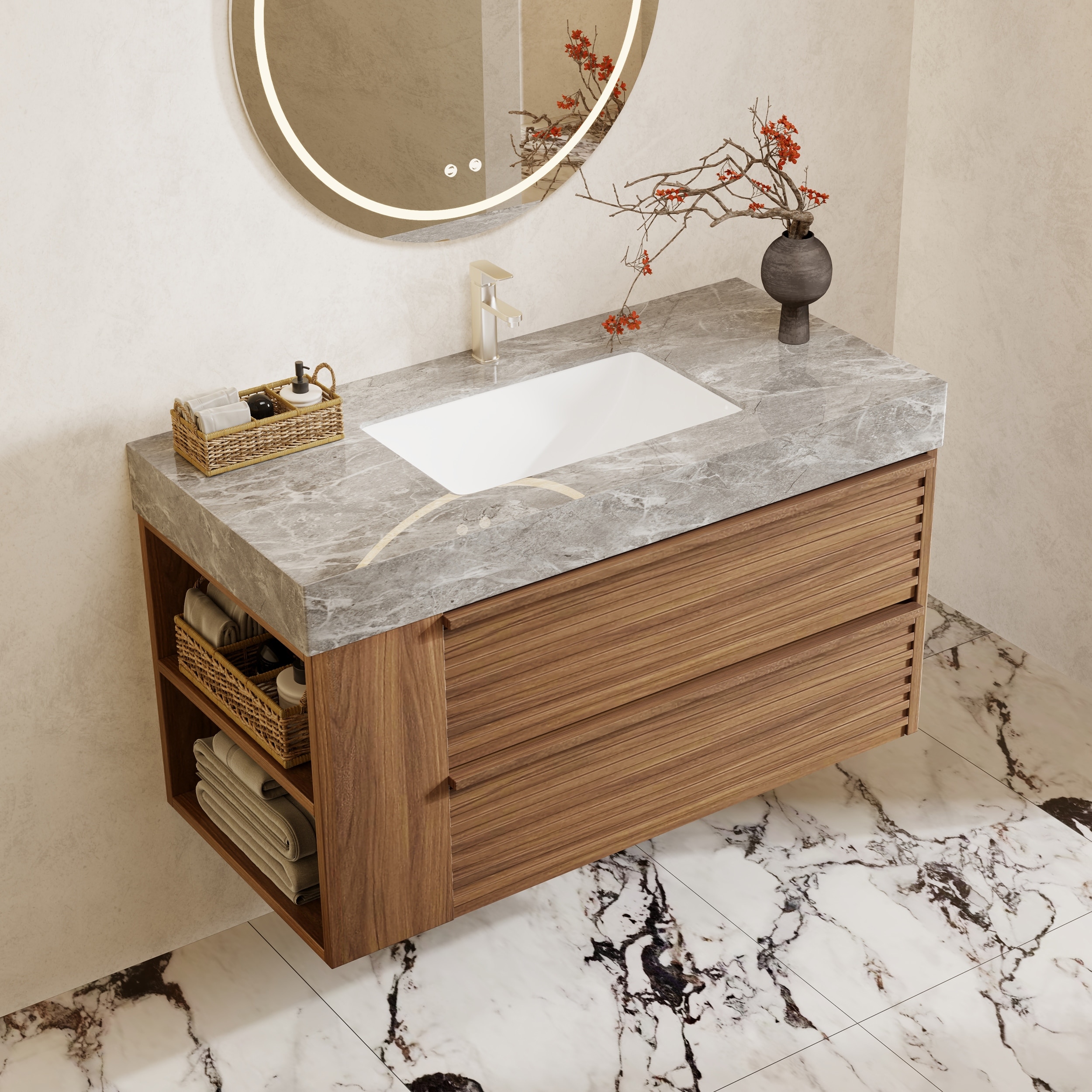 36" Modern Bathroom Vanity, Sintered Stone Countertop, Solid Wood Cabinet, 2 Drawers & 2 Adjustable Shelves, Pre-assembled