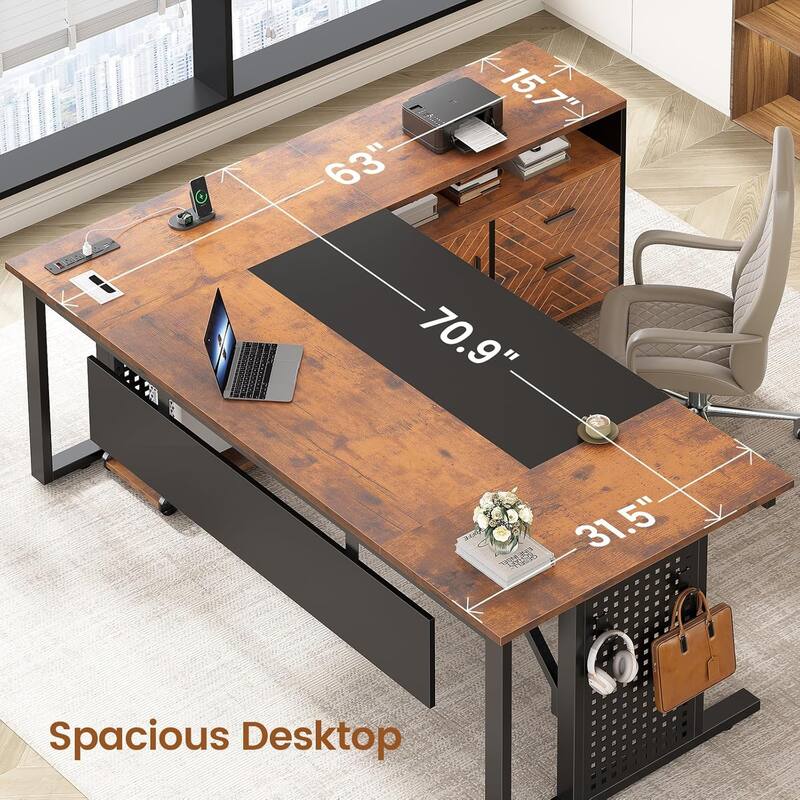71" Executive Desk File Cabinet L Shaped Computer Desk Shelves