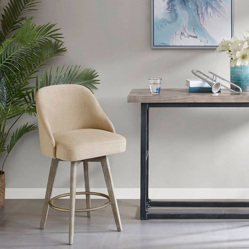 Madison Park Pearce Swivel Upholstered Counter Stool with Solid Wood Legs & Metal Footrest - Single - Sand - Counter Height
