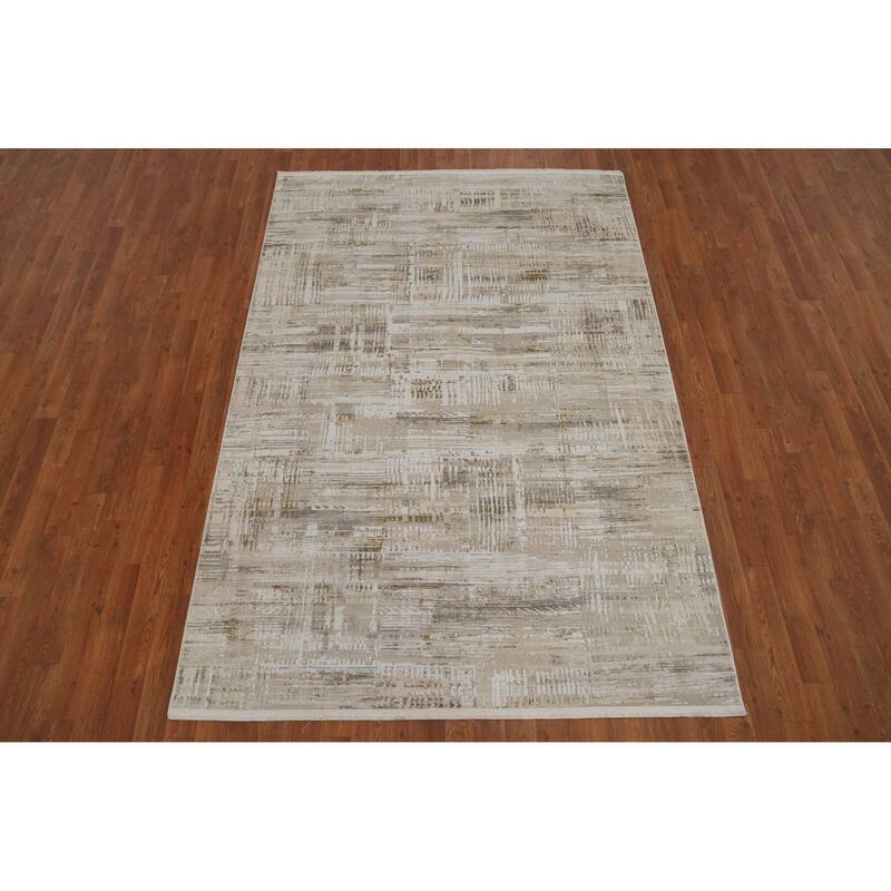 Machine Made Oriental Polyester Carpet Abstract Beige & Ivories Distressed Area Rug - 7' 5'' X 5' 2''