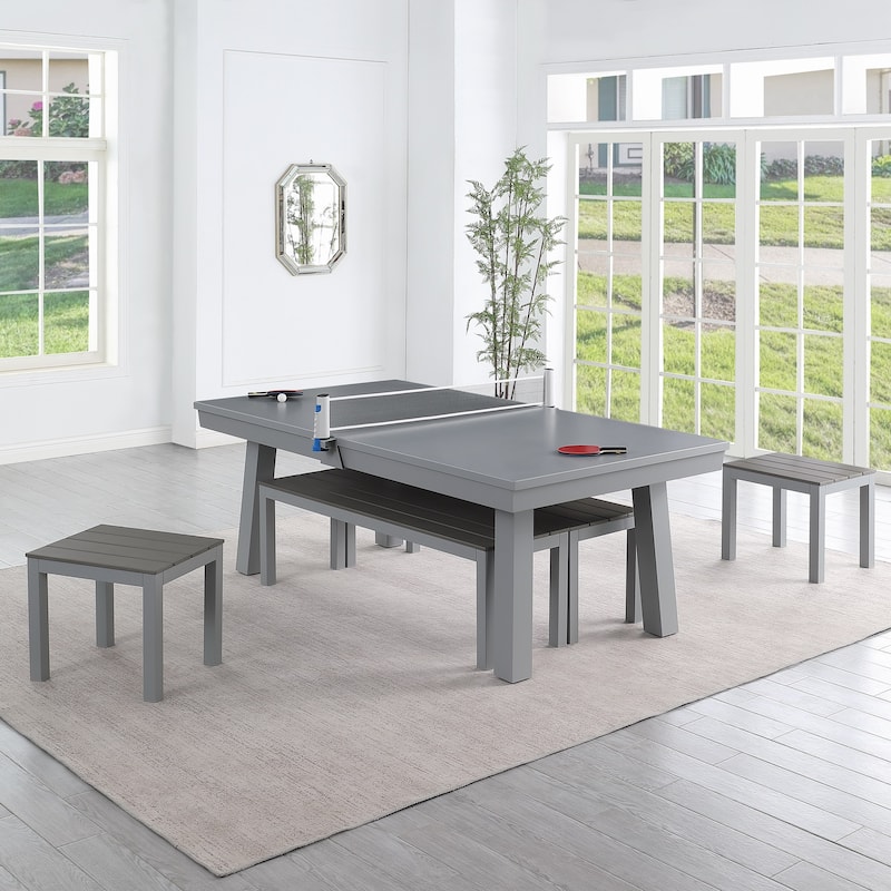Laguna Indoor/Outdoor 8ft Slate Pool Table 6-Seater Dining Set with 4 Benches & Accessories, Cement Finish