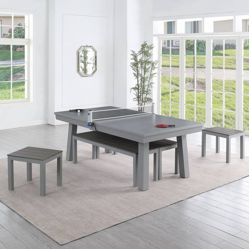 Laguna Indoor/Outdoor 8ft Slate Pool Table 6-Seater Dining Set with 4 Benches & Accessories, Cement Finish