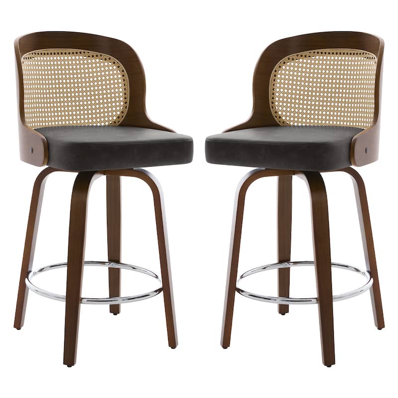 26" Upholstered Swivel Counter & Bar Stool with Rattan Back - 37.4"H x 19.09"W x 19.88"D