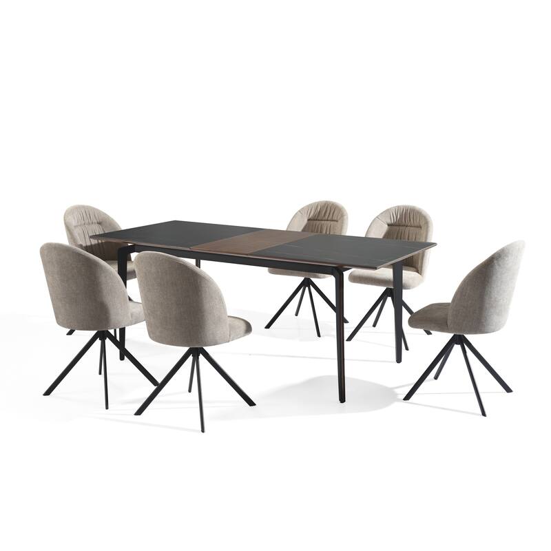 Honey Contemporary 7-Piece Dining Set with Dark Wood and Black Sintered Stone Table Top, and Upholstered Armchairs