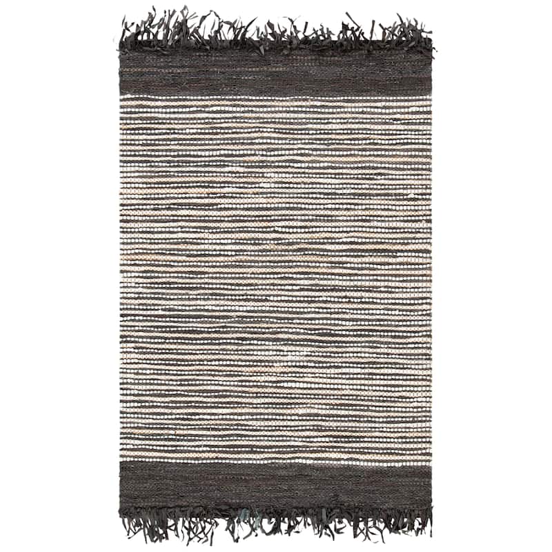 SAFAVIEH Handmade Vintage Boho Leather Zhanna Modern Stripe Leather Rug with Fringe