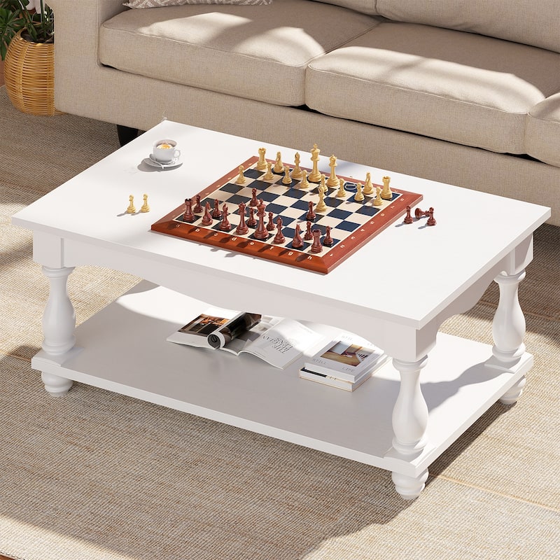 French Country Coffee Table with Storage Shlef, Farmhoues Retangular Living Room Table